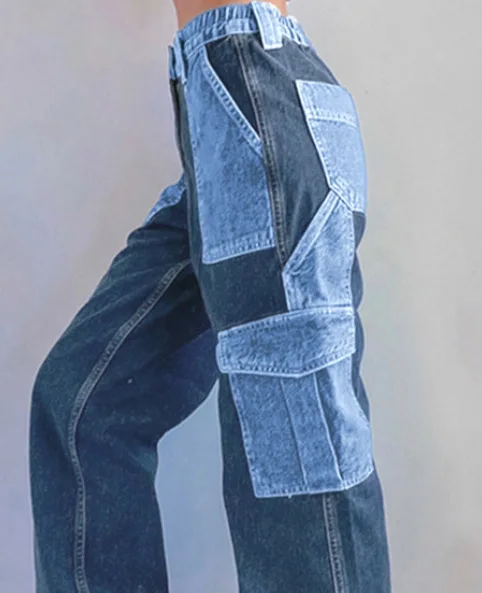 

Women Y2K Patchwork Color Black Baggy Jeans High Waist Sttaight Slim Fit Wide Leg Cargo Pants Aesthetic 90S Denim Pocket Trouser