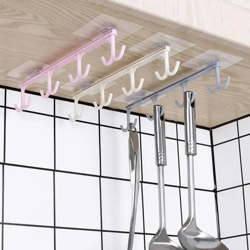 8 Row Hooks Ceiling Hanging Rack Hook Wall Paste Plastic Hook Kitchen Cups Cooking Shovel Storage Hook Wardrobe Ties Towels Hook