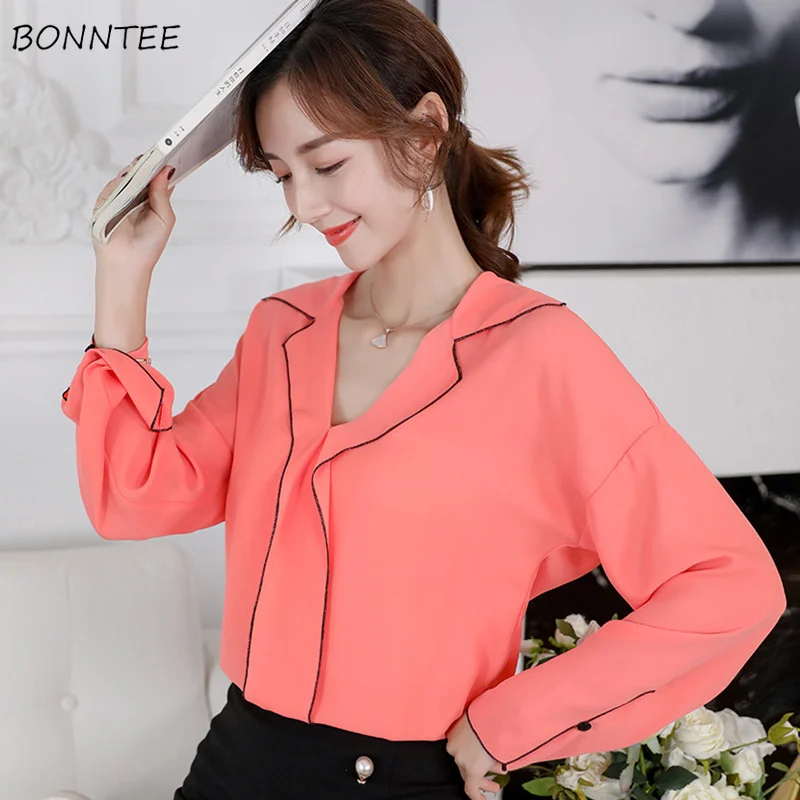 

Блузка женская шифоновая с V-образным вырезом, модная удобная дышащая рубашка в Корейском стиле, узкая сорочка для отдыха, однотонная, весна-...