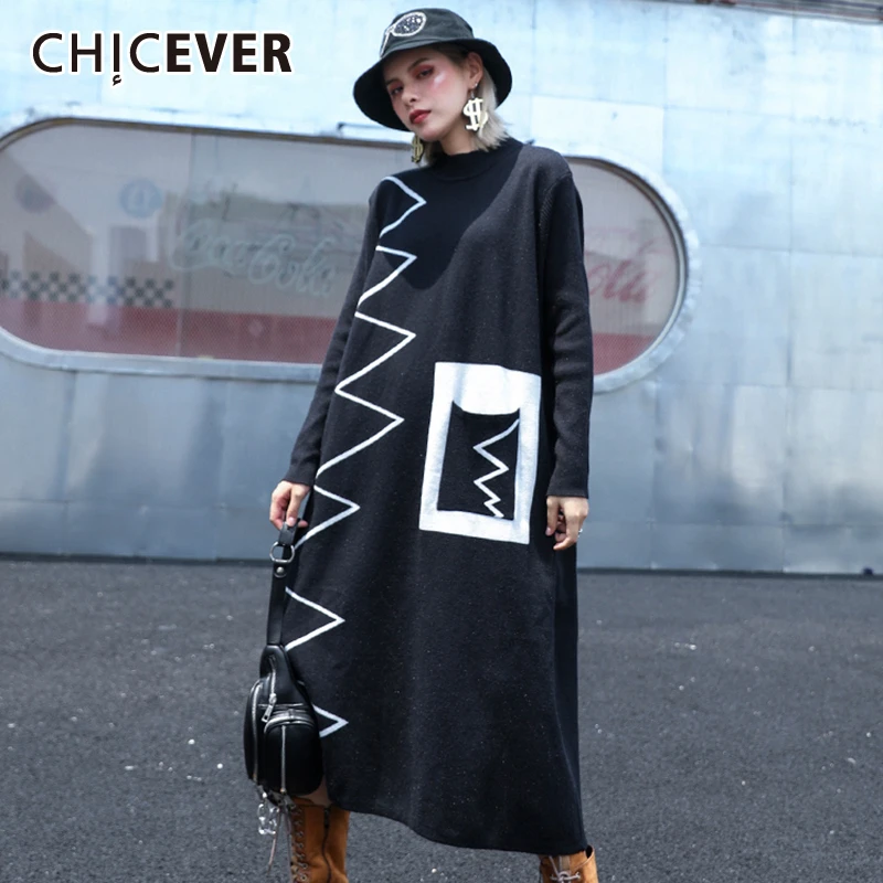CHICEVER полосатые хит цветные вязаные платья для женщин с круглым вырезом длинным