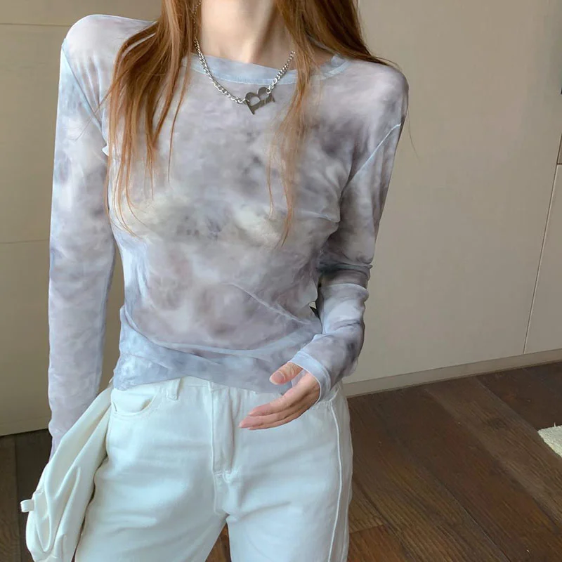 

#4375 Summer Basic Mesh T Shirt Women Sexy Clubwear Thin Tie Dyed Mesh T-shirt Female O Neck Short T Shirt For Girl Korean Style