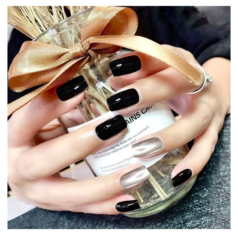 24pcs Long Square False Nails Black Silver Jump Color Press On UV Wearing Bright Sexy Trend Manicure Nail Decoration | Красота и