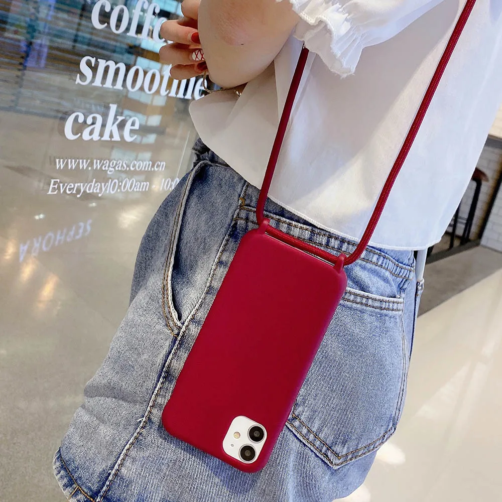 2022.Solid Color Phone Case for iPhone 12 Mini 11 Pro Max XR X XS Max 6 6s 7 8 Plus Lanyard Necklace Chain Hang Strap Cord Rope