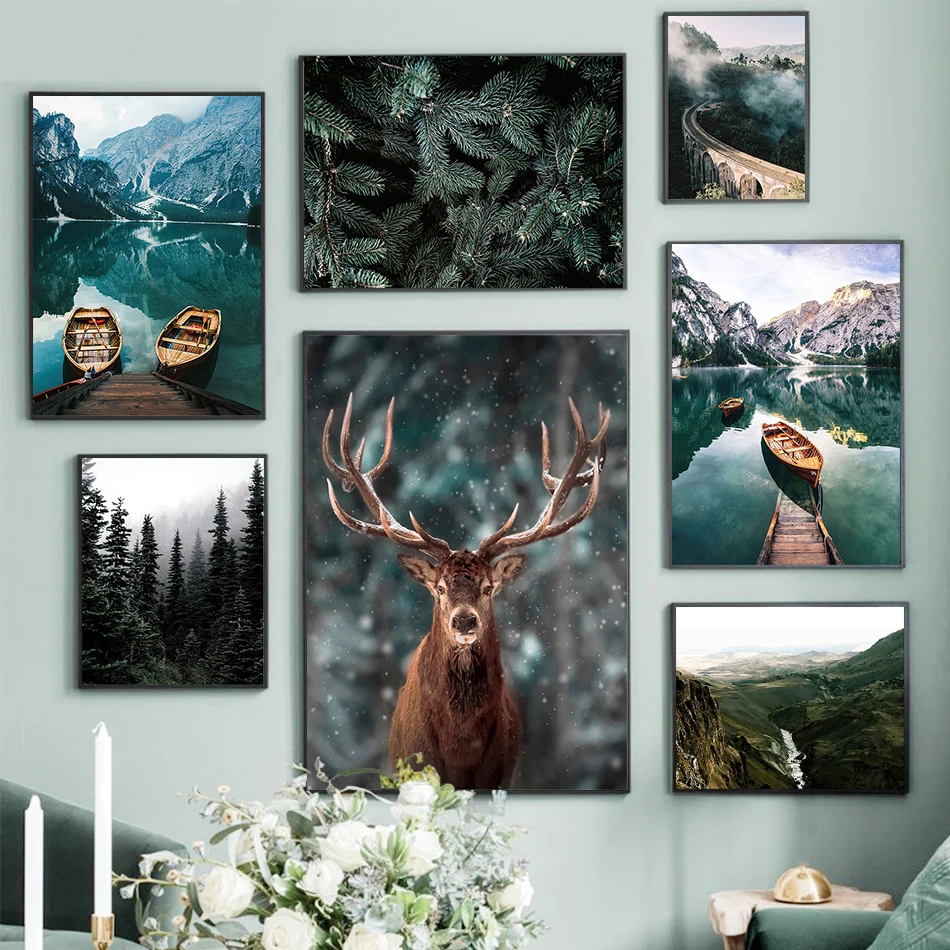 

Misty Forest Lake Boat Home Wall Art Nordic Canvas Painting Nature Landscape Picture Poster Living Room Decoration Picture Decor