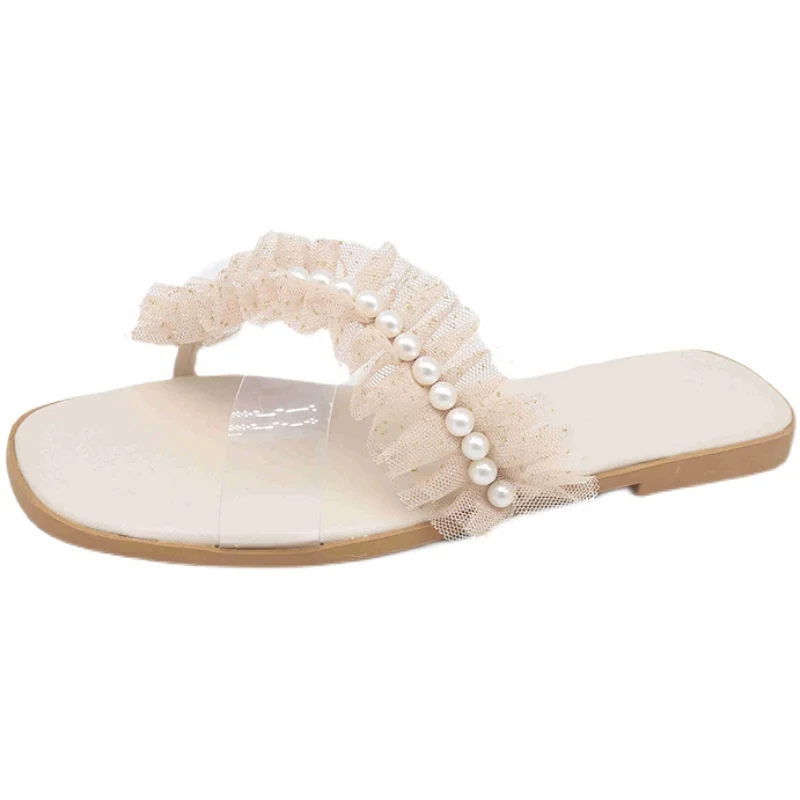 

Slippers Casual Flat Shoes Female Slides String Bead Lace Low Slipers Women Luxury Summer 2021 Soft Riband Scandals Basic Rubber