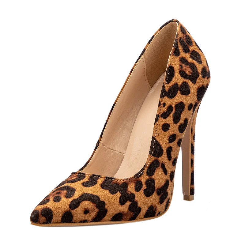 

KAMUCC High Heels Shoes Women Pumps Flock Leopard Print Sexy Stilettos 10 12cm Party Heeled Designer Shoes Plus Big Size