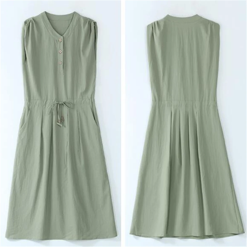 

Button Cotton And Linen Dress Casual Summer Dress 2020 Solid Sleeveless Belt Dresses For Women Elegant Midi Dress Vestidos G349
