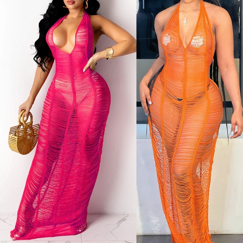 

Женское сексуальное прозрачное платье с лямкой на шее, Прозрачное платье с глубоким V-образным вырезом и открытой спиной, купальный костюм, ...