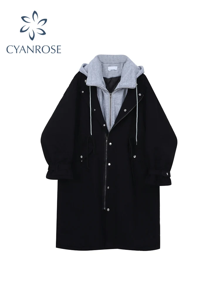 Winter Trench Coat Jacket Women Patchwork Fake Two Pieces Warm Thickened Female Casual Loose Overcoat Hooded Cotton-padded | Женская