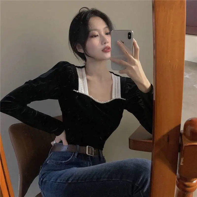 

French Retro Court Ladies Lace Shirt Bottoming Women Square Collar Bottoming Shirt