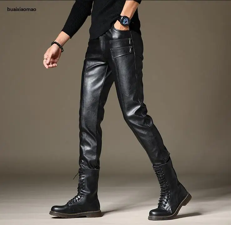 

Plus Mens Velvet Thick Leather Pants Feet Pants Fashion Motorcycle Pu Trousers For Men Pantalon Homme Black Autumn Spring Sale