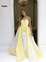 white illusion prom dresses tank yellow applique special occasion party dress prom gown evening dress robe de soiree with pocket