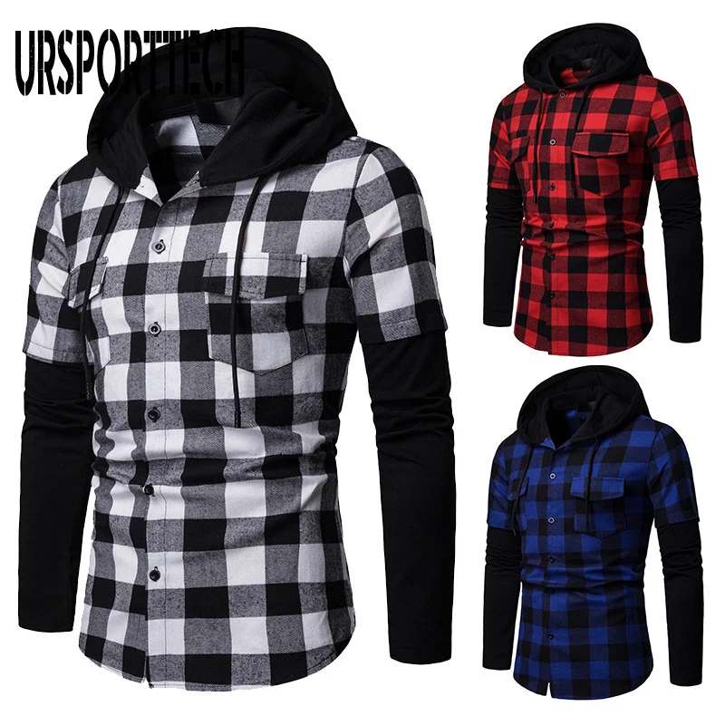 URSPORTTECH Men's Shirt Spring Autumn Quality Plaid Shirts Hooded Outwear Long Sleeve Casual Male Chemise Homme EU Size S-XXL