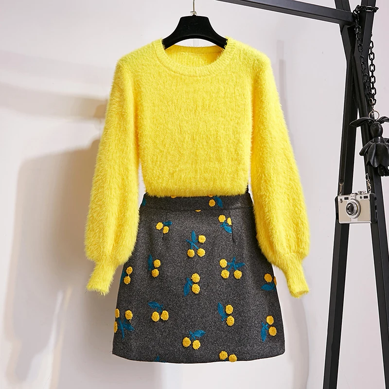 

Women Knitted Two Piece Set Fashion Fall Winter Yellow Mohair Lantern Sleeve Sweaters + Woolen Cherry Embroidery Mini Skirt Sets
