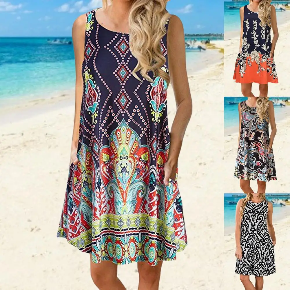 

Women Summer Beach Floral Print Dress Sleeveless Pocket Tank Sundress 2021 Spring Summer New Round Neck Vest Tank Large Size