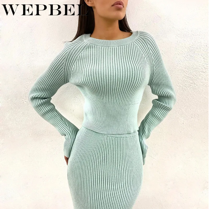 

WEPBEL Women Autumn Winter Knitted Sweater Skirt Two Piece Set Ladies Slim Fit Stretchy Crop Tops Skirts Tracksuit Women Outfits