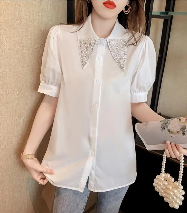 

Sweet Pearl Beading Short Sleeve Women Blouses Fashion White Slim Shirts Summer Casual Tops w390