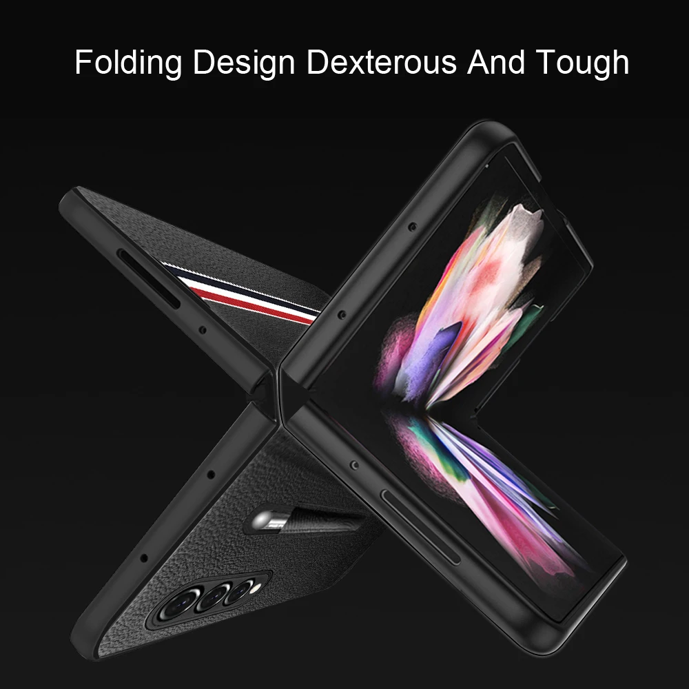 for galaxy z fold3 5g stylus s pen slot socket phone case for samsung z fold 3 ultra slim leather phone cover with pocket holder free global shipping