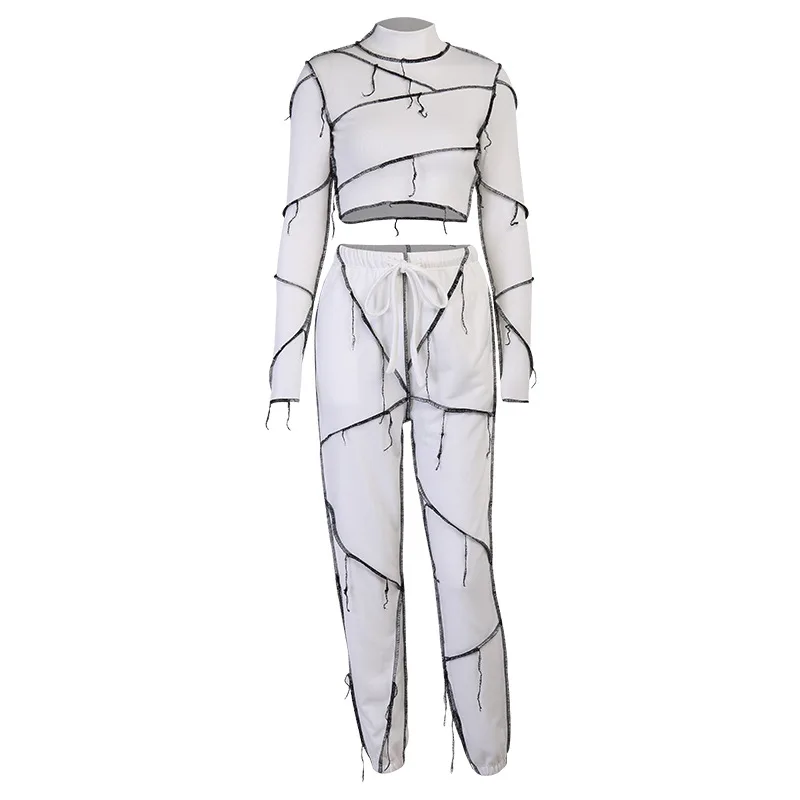 

Fashion line stitching pant suit sexy slim stitching long-sleeved top two-piece