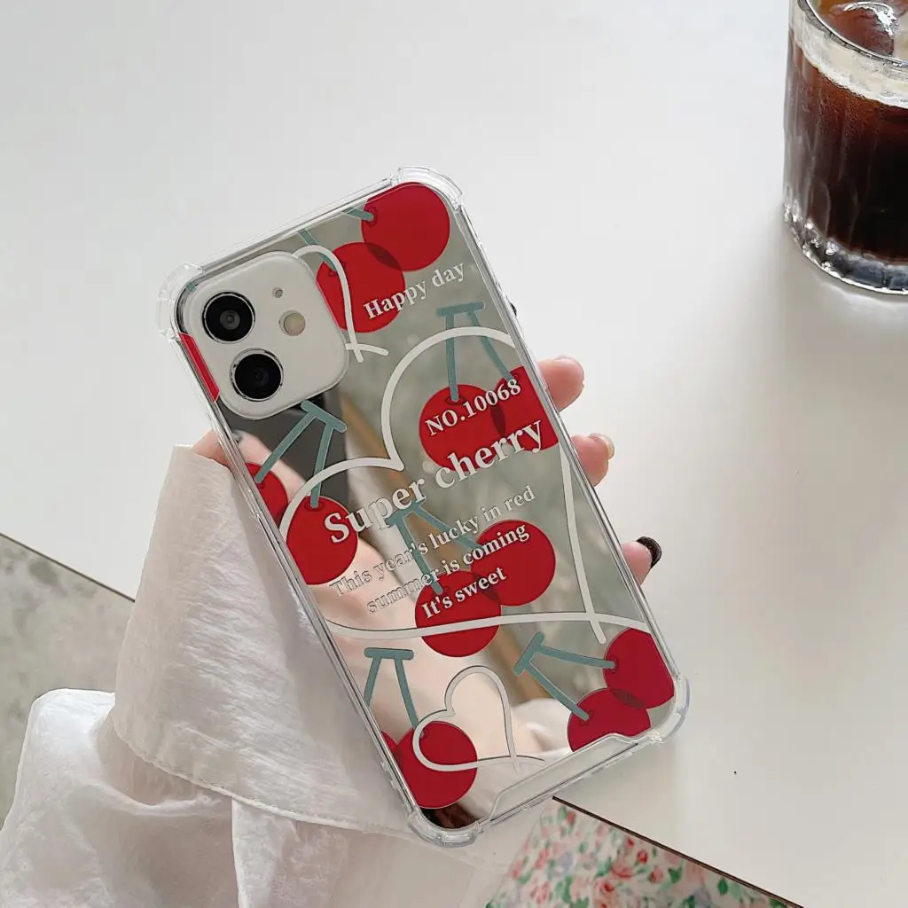 

Cherry Mirror Phone Case For iPhone 12 ProMax 11 Pro 12 Xr Xs MAX 7 8 Plus Luxury Letter Soft Protection Silicone Back Cover