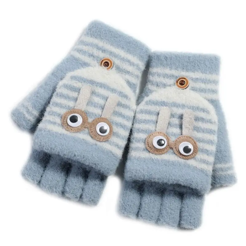 

Toddler Kids Winter Convertible Flip Top Thicken Plush Gloves Cartoon Rabbit Ears Wiggle Eyes Stripes Printed Mittens