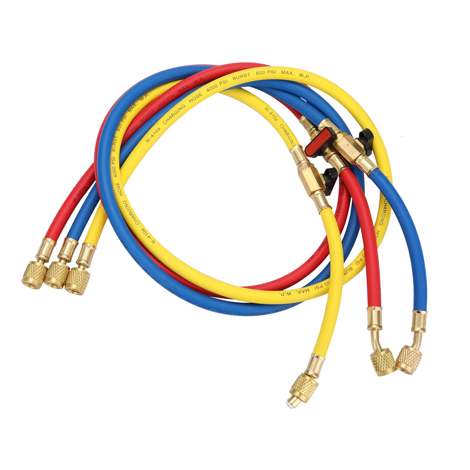 

R410A Air Conditioning Refrigerant Adding Hose 50''/1.27m Long Red/Yellow/Blue Tubes with Shutoff Ball Valves