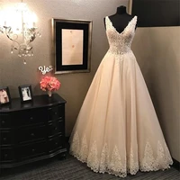 elegant a line wedding dresses v neck champagne backless bridal dress vintage appliques robe de mariee custom wedding gowns