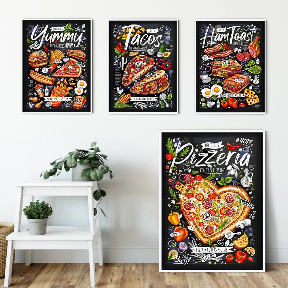 

Delicious Food Kitchen Poster Restaurant Cafe Chalk Wall Art Decor Yummy Ham Toast Pizzeria Canvas Painting Mexican