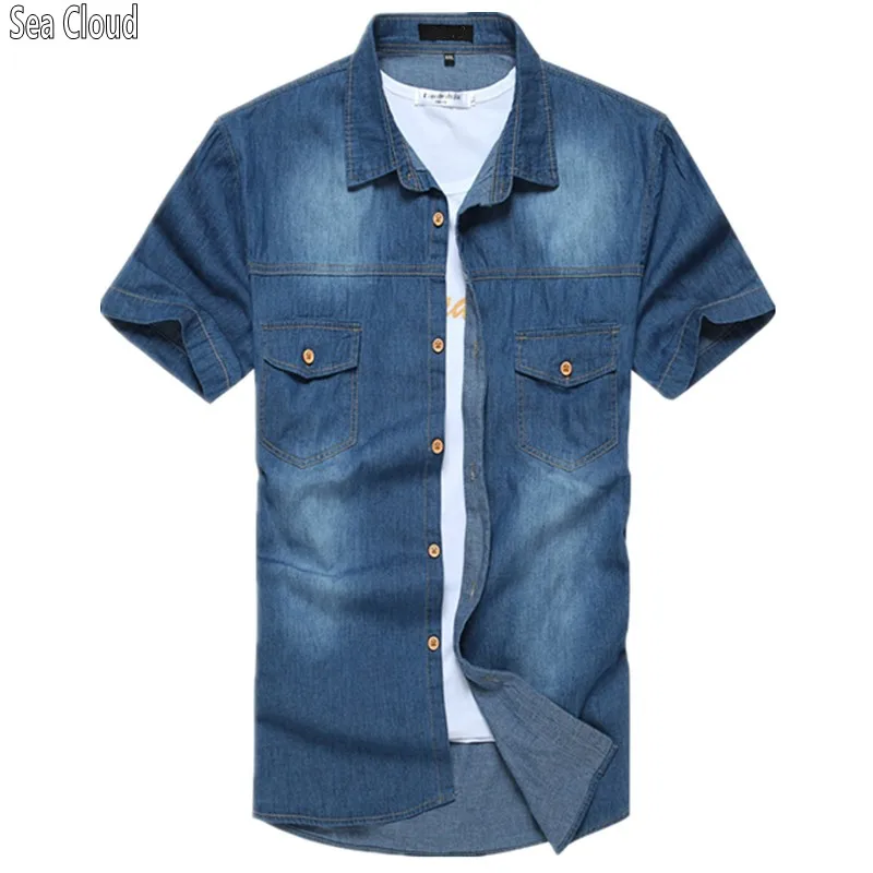 

82 Male summer denim short-sleeve shirt top thin turn-down collar loose Single Breasted coat plus size Casual shirt 8xl