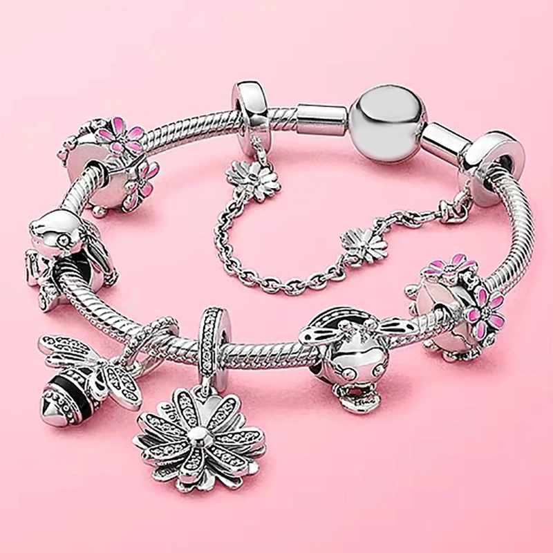

100%925 sterling silver Spring pink flower series sweet bee rabbit garden high quality fashion pan bracelet jewelry