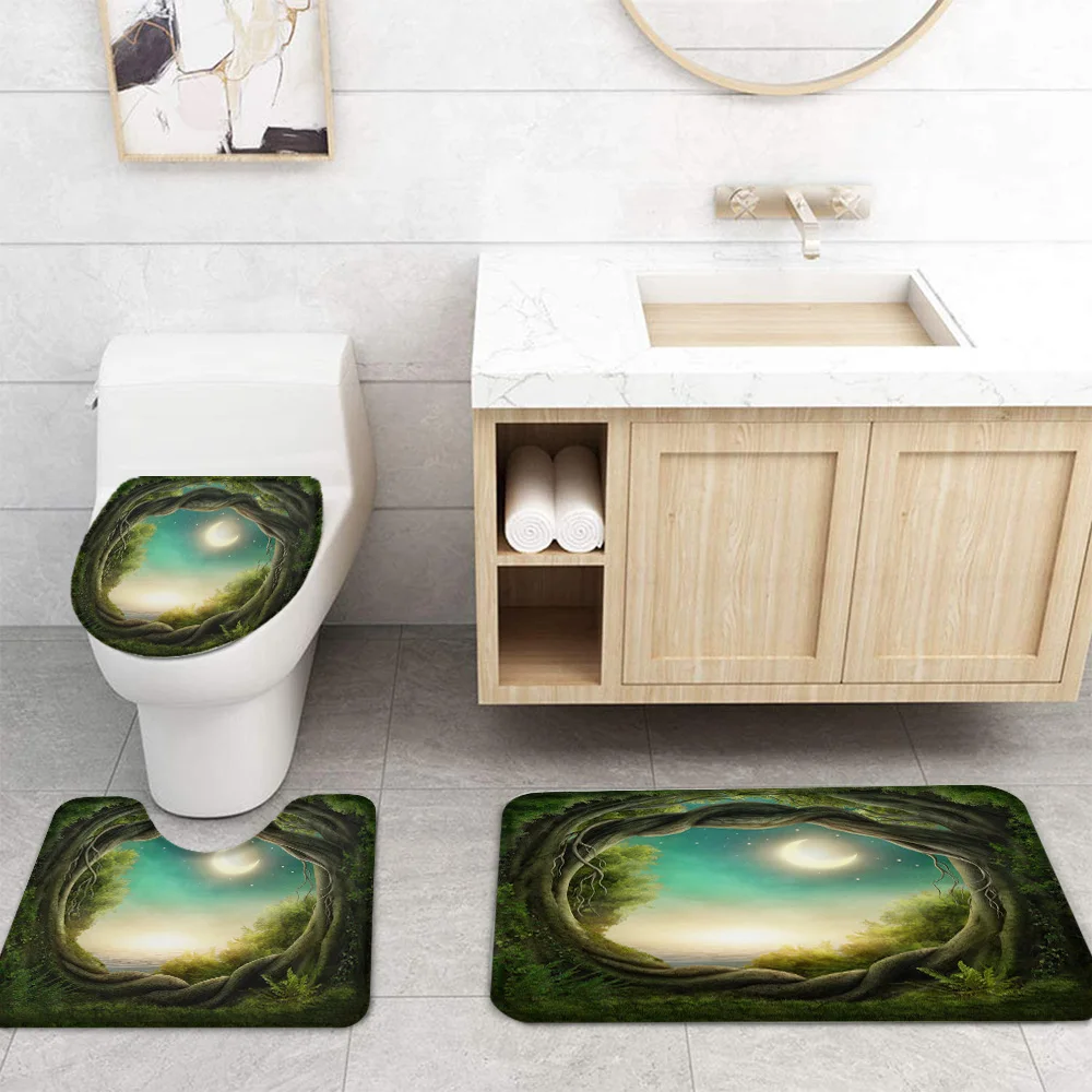 Занавеска для душа и ковер в комплекте крышка унитаза с изображением джунглей