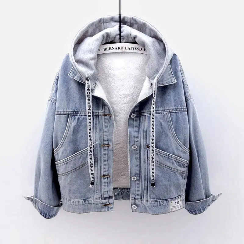 

Winter Fashion Denim Jacket Plush Jacket Casual Hooded Jacket Padded Thickened Denim Short Jacket Denim Jacket Women Y64