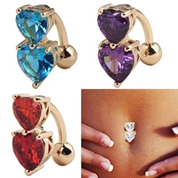 wholesales reverse crystal zircon bar belly ring gold body piercing button navel two hearts