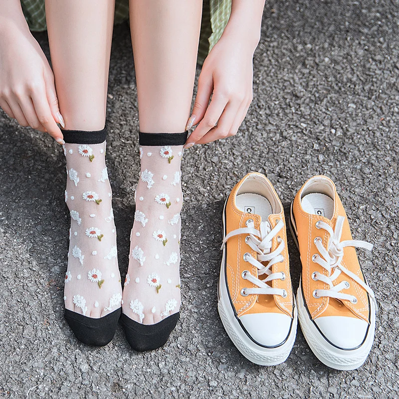 

Fashion Lace Socks Solid Color Summer Style Sweet and Cute Simple Lattice Transparent Crystal Socks Female High Quality Socks