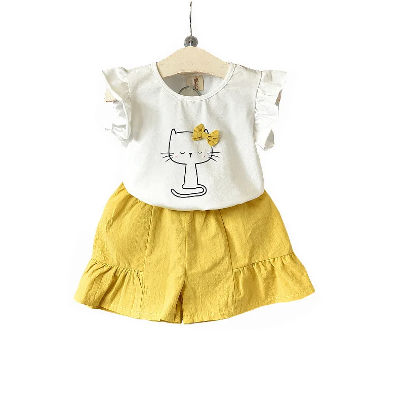 Летняя одежда для девочек с принтом мультяшного кота детская коротким рукавом
