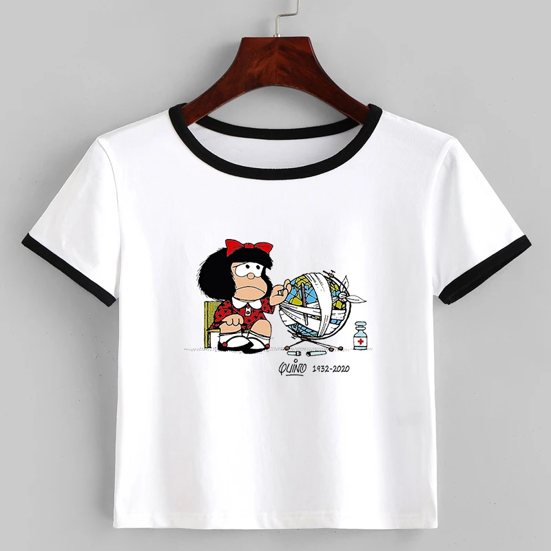 

Кроп-футболка Mafalda женская с коротким рукавом, Повседневная Уличная одежда в стиле Харадзюку, топ с круглым вырезом, мультяшный рисунок, лет...