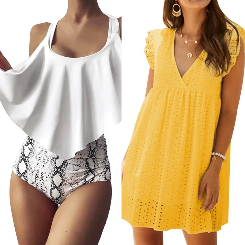 

Women High Waist Bikini Swimwear Summer Swimsuit XL & Women's V-Neck Butterfly Sleeve Hollow Lace Dress Yellow L Size
