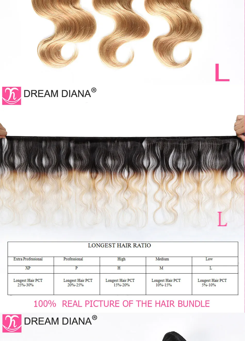 DreamDiana три тона Бразильская волна тела 3 пучка 1B 4 27 1"-26" L Омбре Remy Weave предварительно цветные человеческие волосы для наращивания