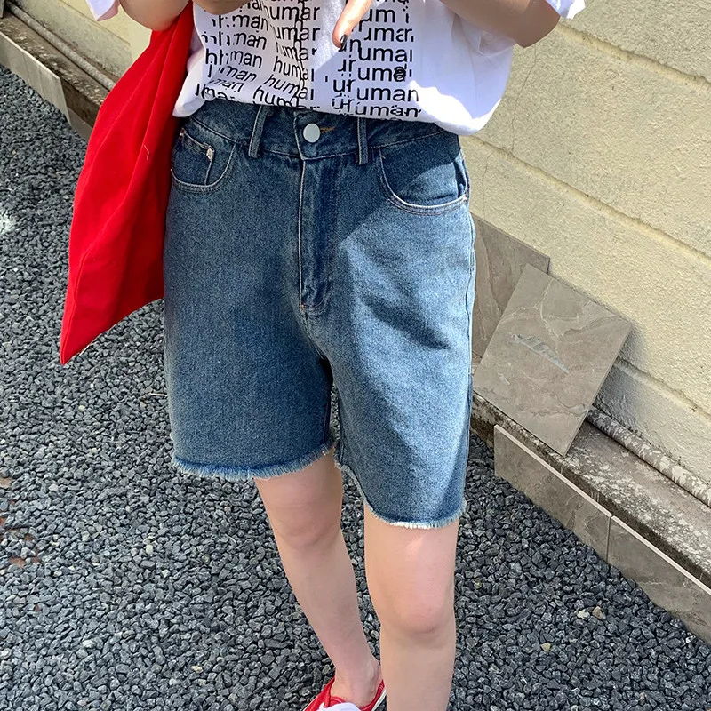 

Hzirip New Korean Chic Fashion Washed Fringe Blue Denim Ladies Summer 2021 Hot Thin All-Match Straight Five-Point Short Pants