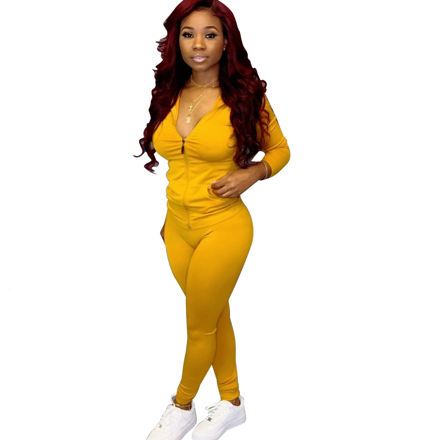 Yellow C Куртки с капюшоном, комплект из 2 предметов, женская одежда на осень и зиму, топ и спортивные штаны, спортивный костюм, комплект из двух предметов, комплект одежды - Цвет: Yellow C
