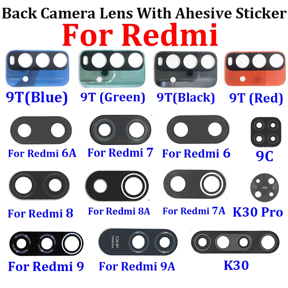 

100Pcs，Original Rear Back Camera Glass Lens For Xiaomi Redmi 12C 10C 10A 10 9T 9C 9A K30 Pro 6 6A 7 7A 8 8A 9 With Adhesive