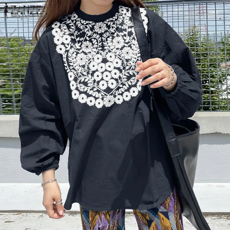 

Винтажные женские весенние топы ZANZEA с круглым вырезом и длинным рукавом, повседневная Цветочная рубашка, свободная Ретро блузка с вышивкой,...