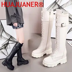 2022 Winter Women Platform Boots Brand Mid Calf Boots Fashion Women's Chunky Gladiator Boots Leather 9cm High Wedge Shoes Woman