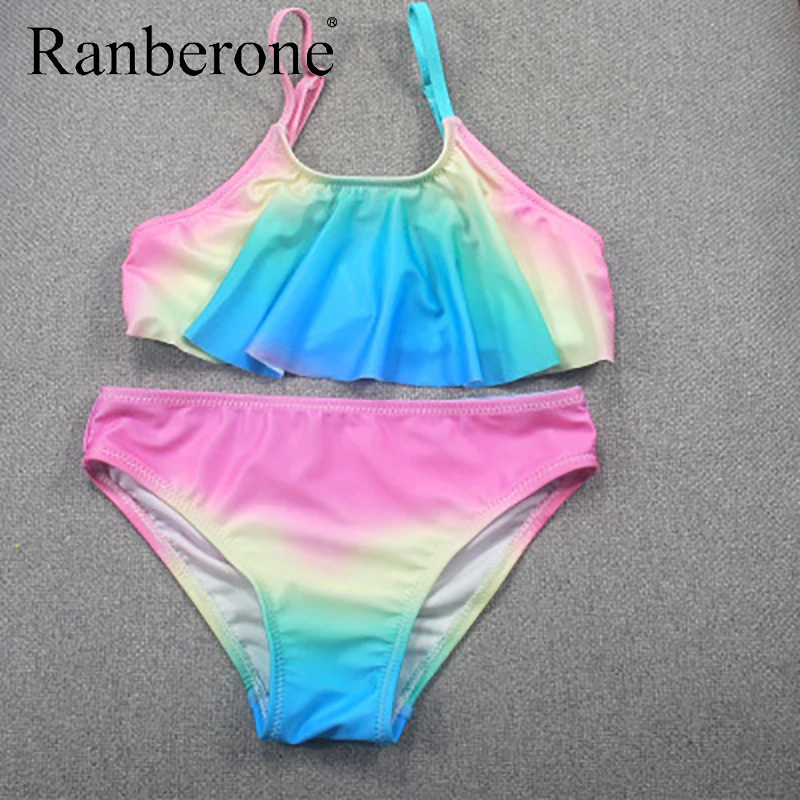

Ranberone Two Piece Bathing Suits Girls Swimsuit Rainbow Stripes Swimwear Split Bikini Summer Suit Baby Kids Clothes