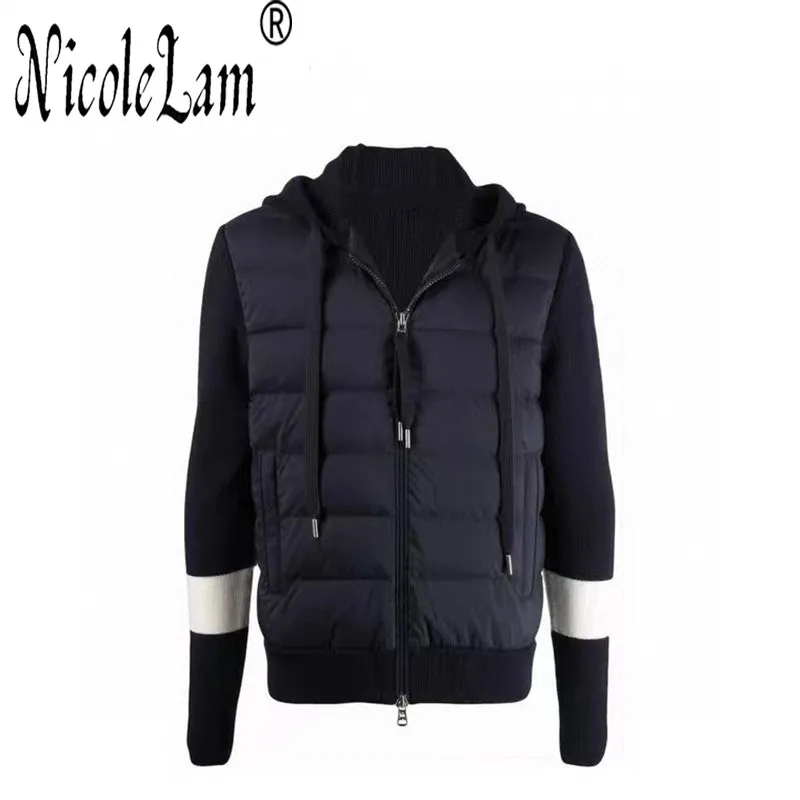 

NicoleLam 2021 Down Jacket Women Winter Jacket Ladies Long Sleeve Patchwork Knitted Zipper Down Jacket Black white Pink