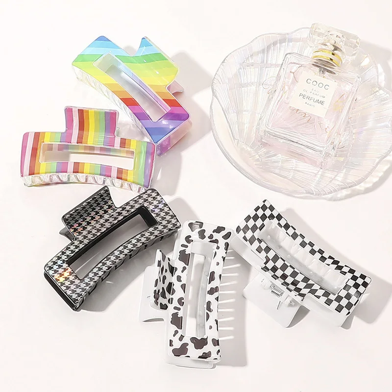 

2021 New Elegant Rainbow Print Grab Clip Large Geometric Square Hair Clip Crab Hair Claws Make for Women Girl Hair Accessories