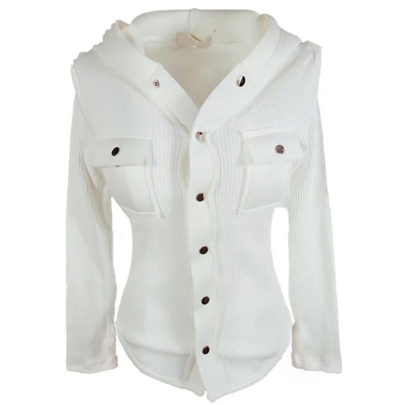 

Knitted V-Neck Sexy Slim Lady Hoodies Outwear Coat Tops Autumn New Hooded 2020 Women Sweatshirts White Solid Button