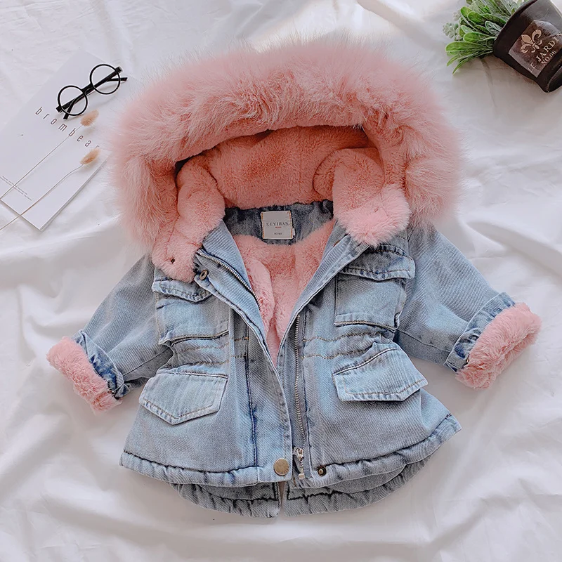

1-6Y 2021 Winter Warm Fleece Fur Parkas Kids Baby Girls Denim Jacket Fluffy Hooded Toddler Cozy Outerwear Coats Windbreaker