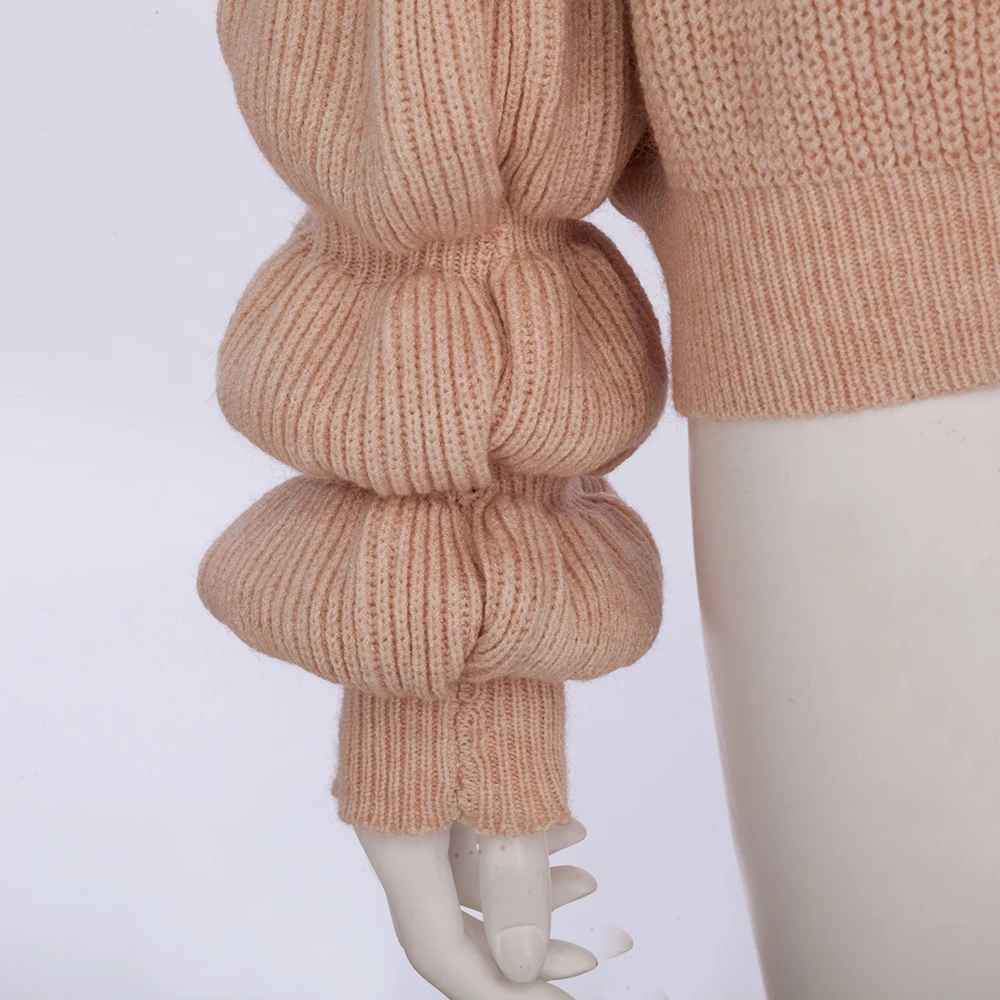 Women Autumn Outfit High Collar Knit Oversized LADY fashion Sweaters Pure Color Long Leisure Puff Sleeve Sweater | Женская одежда