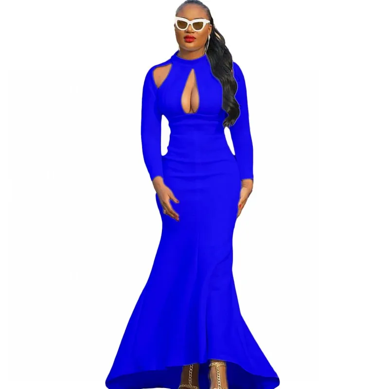 

African Mermaid Dresses Women Full Sleeve Slim Sexy Hollow Out Robe 2021 Fashion Solid Elegant Evening Long Africa Dress Vestido